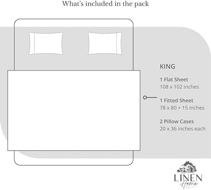 Linen Home 100% Cotton Percale King Sheets, 4 Pc Cooling Set - Snow White