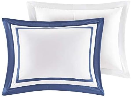 White pillow with a blue border on a white background