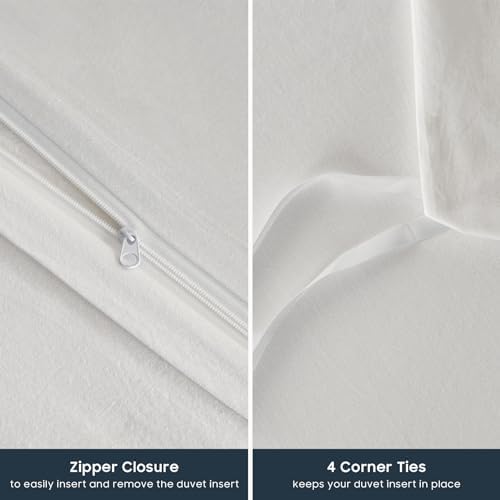 Wake In Cloud - Cotton Duvet Cover Set, 100% Washed Cotton, Linen Like Textured, Breathable Durable Comfy Farmhouse Neutral Bedding Set, 3 Pieces, White, Queen Size