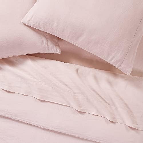 Sijo Stone Washed Organic French Linen Bed Sheet Set, GOTS Certified Organic, Best Cooling Linen Sheet Award by Sleep Foundation, 1 Flat Sheet Only (Blush, King/Cal King)