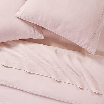 Sijo Stone Washed Organic French Linen Bed Sheet Set, GOTS Certified Organic, Best Cooling Linen Sheet Award by Sleep Foundation, 1 Flat Sheet Only (Blush, King/Cal King)