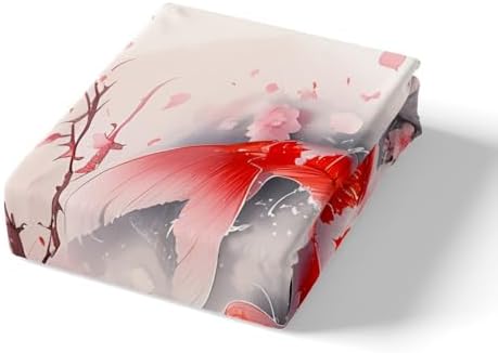 Feelyou Kids Japanese Koi Fish Duvet Cover Queen Size Cherry Blossoms Bedding Set Boys Girls Japanese Style Comforter Cover Set Sakura Flower Floral Botanical Spring Bedspread Cover（No Comforter