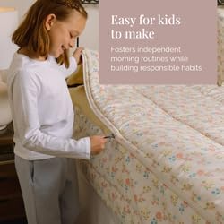 Child making a bed with a floral pattern, text about making routines and habits.
