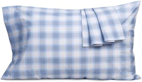 Pillow Cases 100% Cotton Percale King Size Set of 2, Blue Plaid
