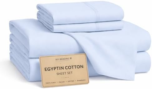 SGI bedding 100% Egyptian Cotton Sheets Full XL Size – Cooling Sheets, Soft Breathable Light Blue Bedding, Luxury Bedding, Luxury Hotel Sheet Set, Deep Pocket 16", 4 Piece Set