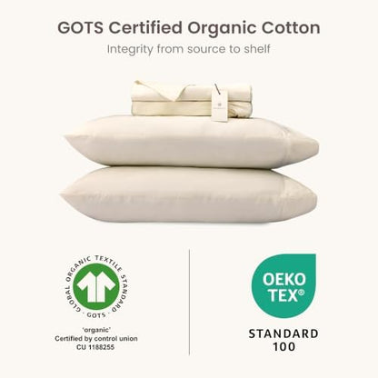 BIOWEAVES 100% Organic Cotton Sheets, 300 Thread Count 4-Piece GOTS Certified Bed Sheet Set Fits Mattress Upto 17" Deep Pocket, Soft & Silky Sateen Weave (Queen, Undyed Natural)