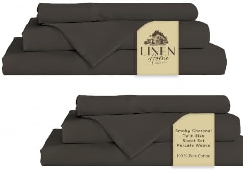 Linen Home 100% Cotton Percale Sheets Twin Size Pack of 2, Smoky Charcoal, Deep Pocket, 6 Pieces Set- 2 Flat, 2 Fitted and 2 Pillowcases, Crisp Cool and Long Staple Strong Bed Linen