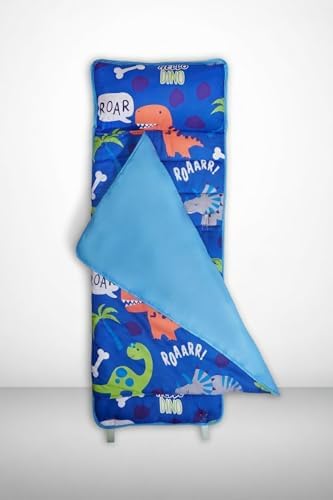 EVERYDAY KIDS Nap Mat with Removable Pillow - Roarin' Dinos - Carry Handle with Straps Closure, Rollup Design, Soft Microfiber for Preschool, Daycare, Travel Sleeping Bag - Ages 3-6 Years