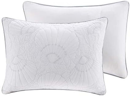 Harbor House Cotton Comforter Set-Coastal Oceanic Sealife Design All Season Down Alternative Bedding with Matching Shams, Bedskirt, Queen(92"x96"), Beach, Quilted Seashell White, 4 Piece