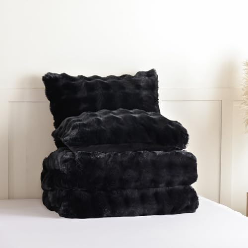 YIKUSH Twin Faux Fur Soft Comforter Set, Fluffy Black Rabbit Fur Comforter