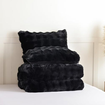 YIKUSH Twin Faux Fur Soft Comforter Set, Fluffy Black Rabbit Fur Comforter