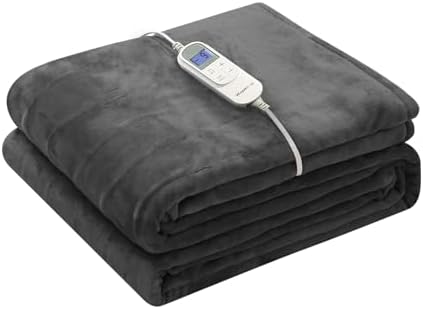 Wapaneus Foot Pocket Heated Blanket Electric Throw with 10 Heating Levels and Auto Shut Off, Flannel Fast-Heating Heated Throw 50" x 60", Machine Washable, Dark Grey