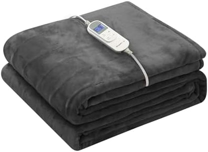 Wapaneus Foot Pocket Heated Blanket Electric Throw with 10 Heating Levels and Auto Shut Off, Flannel Fast-Heating Heated Throw 50" x 60", Machine Washable, Dark Grey