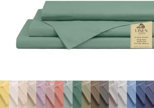 Linen Home 100% Cotton Percale King Sheets, 4Pc Cooling Set - Frosty Green