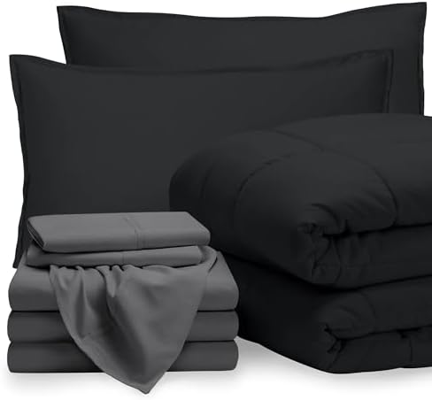 Bare Home Bed-in-A-Bag 8 Piece Comforter & Sheet Set - Split California King - Goose Down Alternative - Ultra-Soft 1800 Premium Bed Set (Split Cal King, Black/Grey)