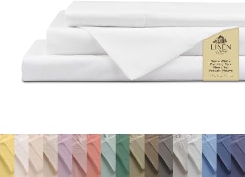 Linen Home 100% Cotton Percale Cal King Sheets 4Pc Cooling Set, Snow White