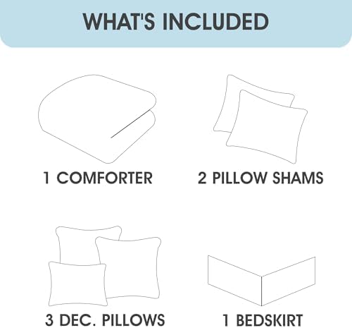 LANCO MODERN LIFESTYLE King Comforter Set, Azure, Jacquard Clip Striped Design, Elegant Soft 7 Pieces Bedding Set for All Seasons, Matching Bedskirt, Pillow Shams and Decor Pillows