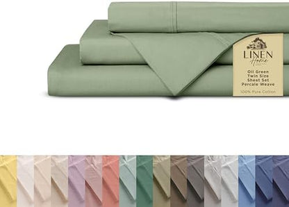 Linen Home 100% Cotton Percale Sheets Twin Size, Oil Green, Deep Pocket, 3 Pieces Set - 1 Flat, 1 Deep Pocket Fitted Sheet and 1 Pillowcase, Crisp Cool and Strong Bed Linen
