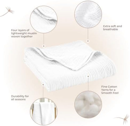 100% Cotton Organic Muslin Baby Swaddle Blanket GOTS & Fairtrade Certified Organic Cotton - Couch Living Room and Bedroom Decor - 4 Layer Super Soft and Cozy (White, Baby)