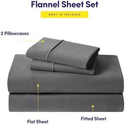 Flannel Sheets Warm and Cozy Deep Pocket Breathable All Season Bedding Set with Fitted, Flat and Pillowcases, Queen, Gray