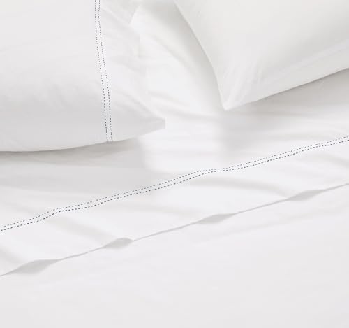 SCOUT 100% Cotton 200 Thread Count Percale Pick Stitch White/Navy 3-Piece Twin Sheet Set, Solid Themed, Adult Bedding, Oeko-TEX Certified