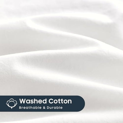 Wake In Cloud - Cotton Duvet Cover Set, 100% Washed Cotton, Linen Like Textured, Breathable Durable Comfy Farmhouse Neutral Bedding Set, 3 Pieces, White, King Size