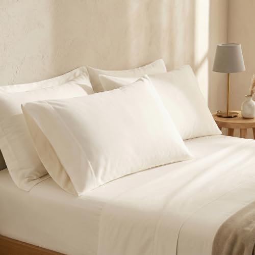 BIOWEAVES 100% Organic Cotton Sheets, 300 Thread Count 4-Piece GOTS Certified Bed Sheet Set Fits Mattress Upto 17" Deep Pocket, Soft & Silky Sateen Weave (California King, Undyed Natural)