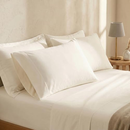 BIOWEAVES 100% Organic Cotton Sheets, 300 Thread Count 4-Piece GOTS Certified Bed Sheet Set Fits Mattress Upto 17" Deep Pocket, Soft & Silky Sateen Weave (California King, Undyed Natural)