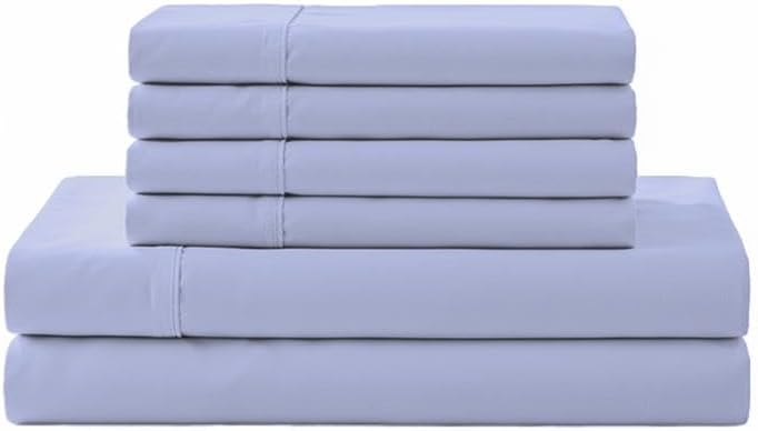 Linen Home 6 Piece Cal King Sheet Set, 100% Cotton Percale, 4 Pillowcases, Deep Pocket with All Around Elastic Sheet, Crisp Breathable Bedding, Hotel Luxury, Long-Staple Combed Cotton, Baby Blue