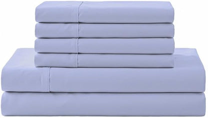Linen Home 100% Cotton Percale Sheet Set, Full Size, Baby Blue, Deep Pocket, 6 Pieces Set - 1 Flat, 1 Deep Pocket Fitted Sheet and 4 Pillowcases, Crisp Cool and Strong Bed Linen