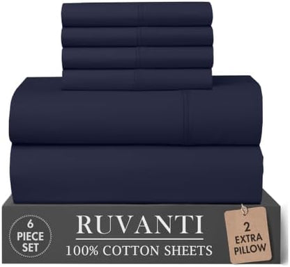RUVANTI 100% Cotton Percale King Sheets, King Size Sheets Set, Deep Navy