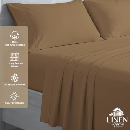 Linen Home 2-Pack Queen Sheet Set, 100% Cotton Percale Bedding, 8-Piece Value Bundle, Deep Pocket Cooling Bed Sheets for Hot Sleepers, Breathable & Crisp Hotel Quality, Long-Staple Cotton Earthy Brown