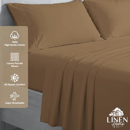 Linen Home 100% Cotton Percale Sheets Twin Size Pack of 2, Earthy Brown, Deep Pocket, 6 Pieces Set- 2 Flat, 2 Fitted and 2 Pillowcases, Crisp Cool and Long Staple Strong Bed Linen