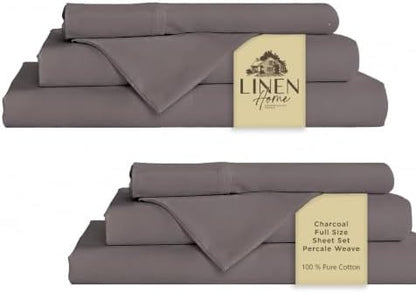 Linen Home 2-Pack Full Sheet Set, 100% Cotton Percale Bedding, 8-Piece Value Bundle, Deep Pocket Cooling Bed Sheets for Hot Sleepers, Breathable & Crisp Hotel Quality, Long-Staple Cotton, Charcoal