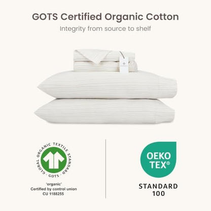 BIOWEAVES 100% Organic Cotton Sheets, 300 Thread Count 4-Piece GOTS Certified Bed Sheet Set Fits Mattress Upto 17" Deep Pocket, Soft & Silky Sateen Weave Twin XL, Natural/Biscotti Stripes