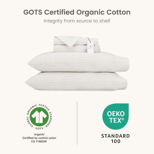 BIOWEAVES 100% Organic Cotton Sheets, 300 Thread Count 4-Piece GOTS Certified Bed Sheet Set Fits Mattress Upto 17" Deep Pocket, Soft & Silky Sateen Weave Cal King, Natural/Biscotti Stripes
