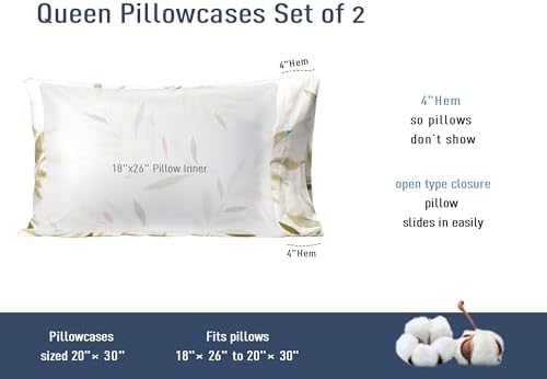 Pillow Cases Standard Queen Cotton Percale Set of 2, Green Leaves