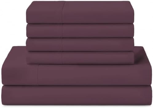 Linen Home 100% Cotton Percale Sheets California King Size, Damson Berry, Deep Pocket, 6 Pieces Set- 1 Flat, 1 Fitted and 4 Pillowcases, Crisp Cool and Long Staple Strong Bed Linen