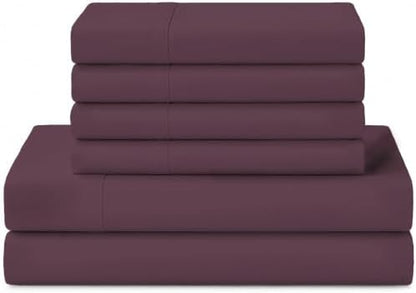 Linen Home 100% Cotton Percale Sheets Queen Size, Damson Berry, Deep Pocket, 6 Pieces Set- 1 Flat, 1 Fitted and 4 Pillowcases, Crisp Cool and Long Staple Strong Bed Linen