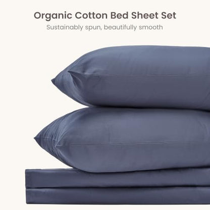 BIOWEAVES 100% Organic Cotton Sheets, 300 Thread Count 4-Piece GOTS Certified Bed Sheet Set Fits Mattress Upto 17" Deep Pocket, Soft & Silky Sateen Weave (Queen, Mineral)