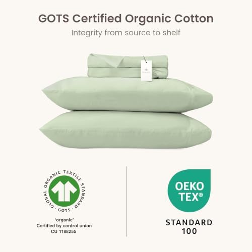 BIOWEAVES 100% Organic Cotton Sheets, 300 Thread Count 3-Piece GOTS Certified Bed Sheet Set Fits Mattress Upto 17" Deep Pocket, Soft & Silky Sateen Weave (Twin XL, Pastel Green)