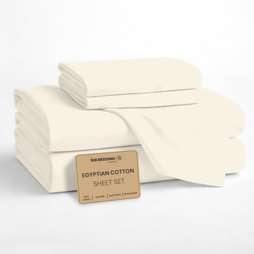 SGI bedding 100% Egyptian Cotton Sheets Queen Size – Cooling Sheets, Soft Breathable Butter Bedding, Luxury Bedding, Luxury Hotel Sheet Set, Deep Pocket 16", 4 Piece Set