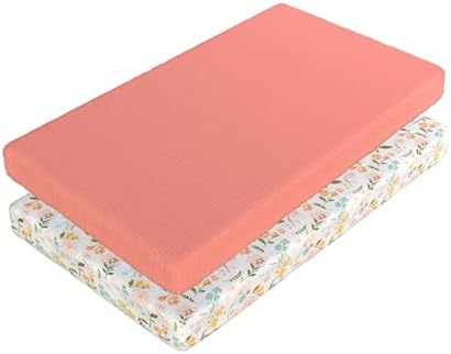 2-Pack Muslin Pack and Play Sheets Fitted, Cotton Muslin Mini Crib Sheets Girl, 27" x 39", Fits Graco Pack n Play Mattress, Playpen Sheets Pack n Play, Oeko-Tex (Floral Pink Pack n Play Sheets)