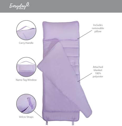 EVERYDAY KIDS Nap Mat with Removable Pillow - Lavender - Carry Handle with Straps Closure, Rollup Design, Soft Microfiber for Preschool, Daycare, Travel Sleeping Bag - Ages 3-6 Years