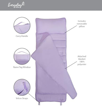 EVERYDAY KIDS Nap Mat with Removable Pillow - Lavender - Carry Handle with Straps Closure, Rollup Design, Soft Microfiber for Preschool, Daycare, Travel Sleeping Bag - Ages 3-6 Years