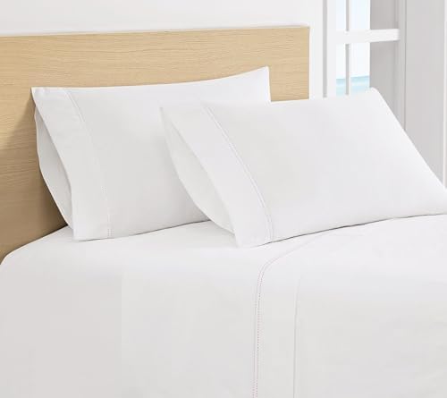 SCOUT 100% Cotton 200 Thread Count Percale Pick Stitch White/Pink Lemonade 3-Piece Twin XL Sheet Set, Solid Themed, Adult Bedding, Oeko-TEX Certified