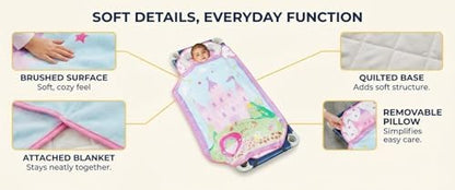 EVERYDAY KIDS Cute Preschooler and Toddler Cot Nap Mat for Home, Daycare, Preschool and Kindergarten; Easy to Roll Sleeping Mat with Elastic Straps, Pillow and Blanket