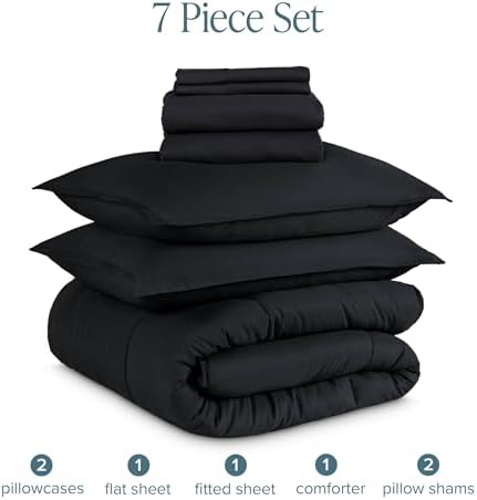 Bare Home Bed-in-A-Bag 7 Piece Comforter & Sheet Set - California King - Goose Down Alternative - Ultra-Soft 1800 Premium - Bed Set (Cal King, Black/Black)