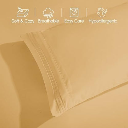 Elegant Comfort Luxurious 1500 Premium Hotel Quality Microfiber Three Line Embroidered Softest 4-Piece Bed Sheet Set, Wrinkle and Fade Resistant, King, Camel-Gold