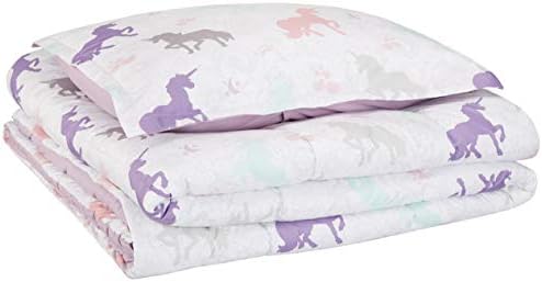 Amazon Basics 2-Piece Soft Easy-Wash Microfiber Kid's Comforter and Pillow Sham Set, Twin, Purple Unicorns, Animal Printed